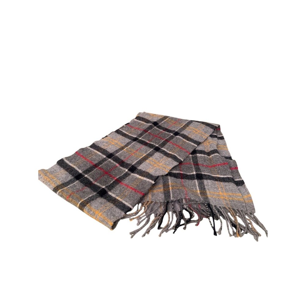 Barbour Plaid Tartan Scarf Grey Multi 90% Lambswool 10% Cashmere 10”x70” Unisex